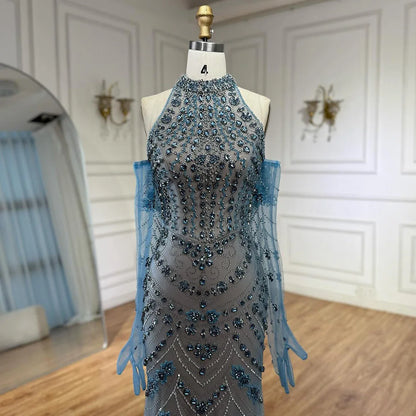Luxury Dubai Arabic Blue Beaded Evening Dress with Gloves LA72760A