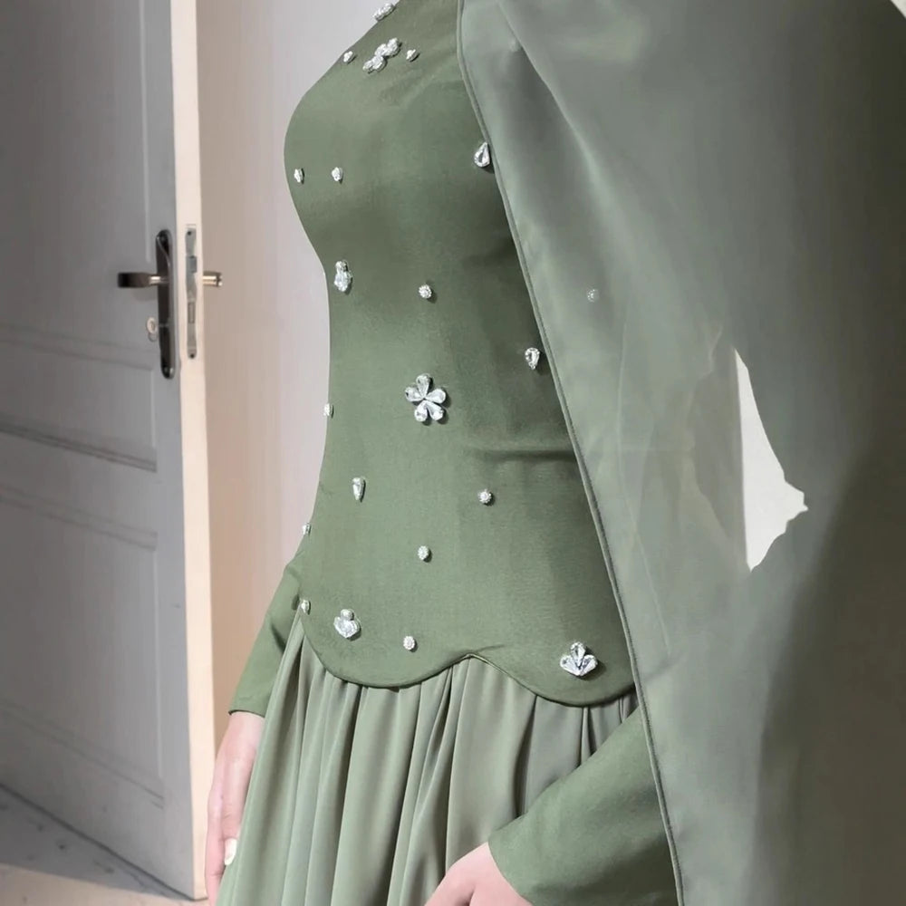 Luxury Olive Green Beaded Evening Dress with Cape LA73217