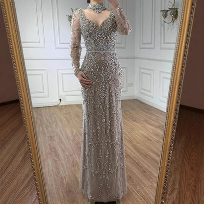 Luxury Caramel Beaded Crystal Mermaid Evening Dress Long Sleeves LA73042B
