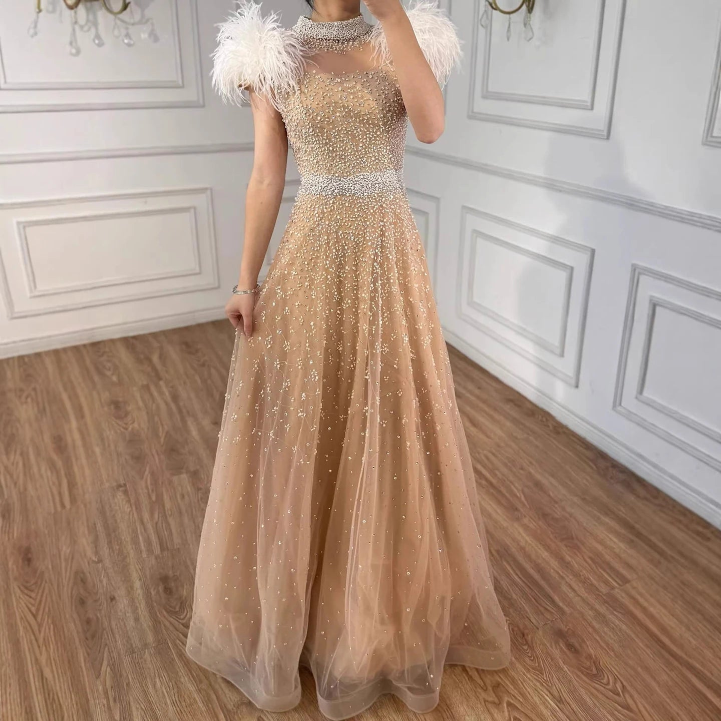 Luxury Nude Feather High Neck A-Line Beaded Evening Dress LA73420