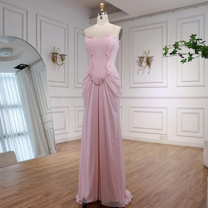 Pink Strapless Draped Satin Evening Dress with Rose Neck LA72946