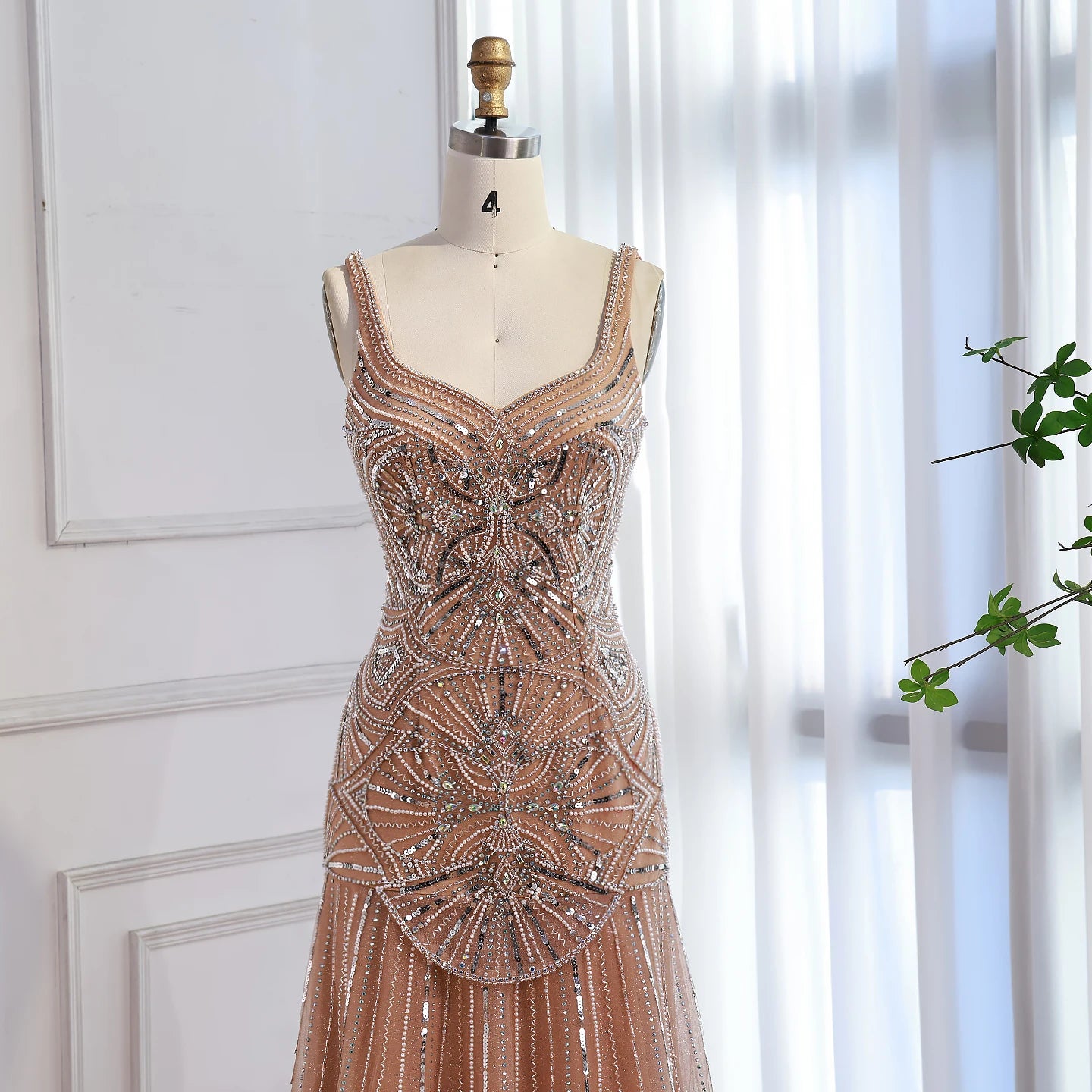 Luxury Nude Spaghetti Strap Beaded A line Evening Dress LA73189