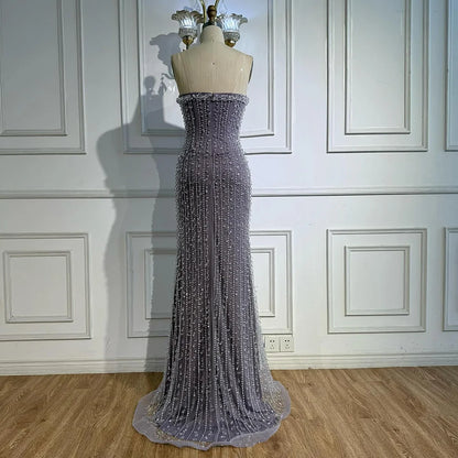 Elegant Crystal Beaded Strapless Lilac Mermaid Evening Gown LA72950