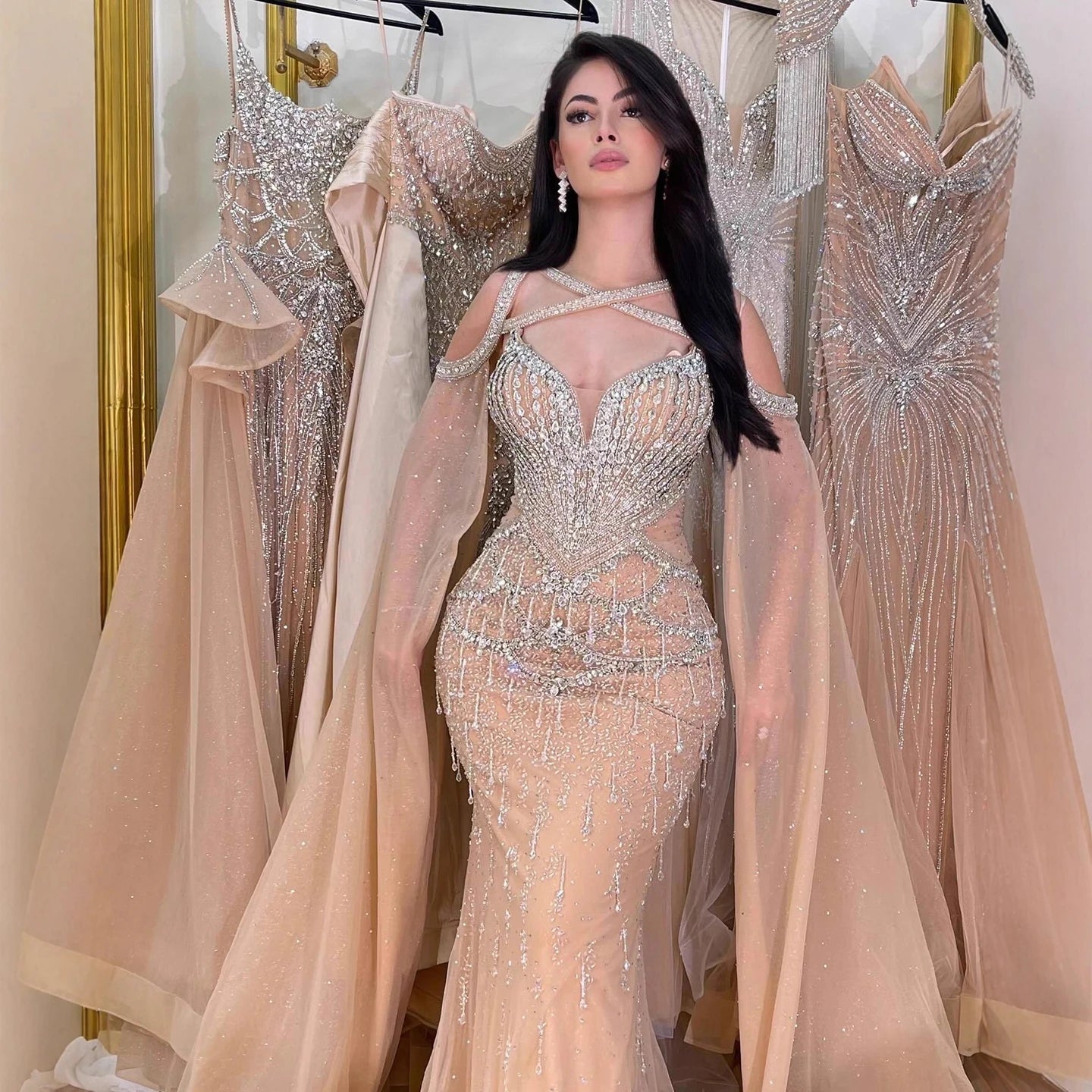 Luxury Nude Cape Sleeves Beaded Crystal Evening Dress LA72806