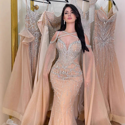 Luxury Nude Cape Sleeves Beaded Crystal Evening Dress LA72806
