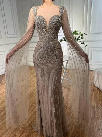 Luxury Caramel Crystal Beaded Mermaid Evening Dress with Cape LA72575D