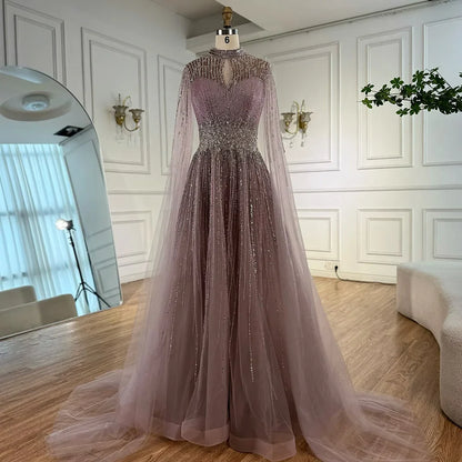 Luxury Modest Blue Beaded Evening Dress with Cape LA73059