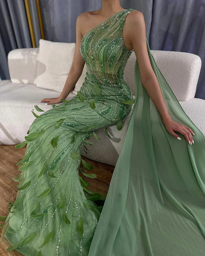 Green One-Shoulder Beaded Feathers Evening Gown with Side Cape Shawl LA72698