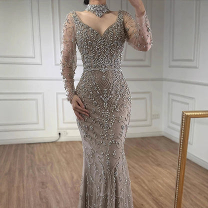 Luxury Caramel Beaded Crystal Mermaid Evening Dress Long Sleeves LA73042B