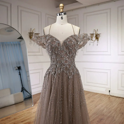 Luxury Arabic Caramel Off Shoulder Beaded A Line Evening Dress LA71606