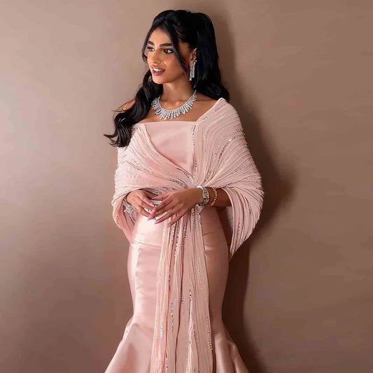 Luxury Dubai Grey Peach Arabic Evening Gown with Ruffles Shawl LA73270