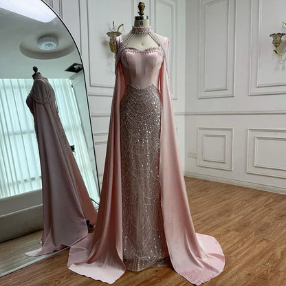 Luxury Arabic Pearls Pink Evening Dress with Cape LA73051