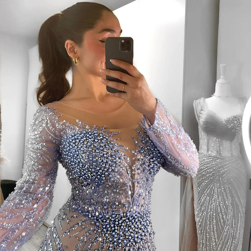 Luxury Dubai White Nude Mermaid Evening Dress With  Long Sleeve LA72634