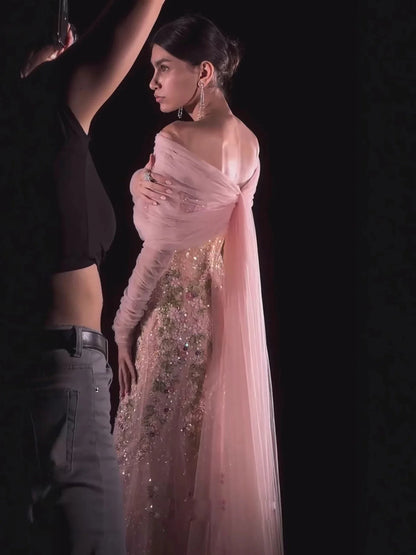 Luxury Pink Beaded Mermaid Evening Dress with Sheer Cape LA73346