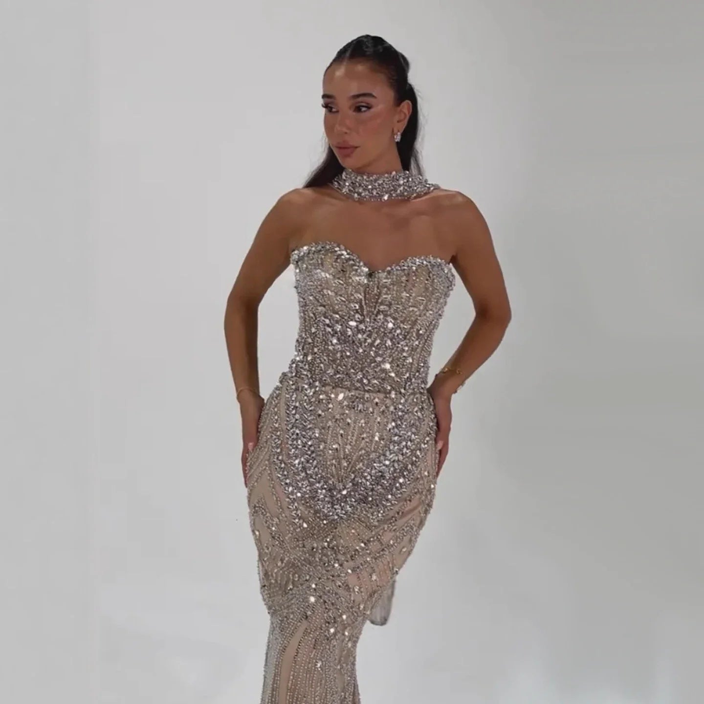 Luxury Nude Crystal Beaded Mermaid Evening Dress LA73375