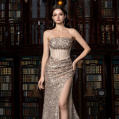 Luxury Champagne Strapless Mermaid Evening Dress With Split LA73228