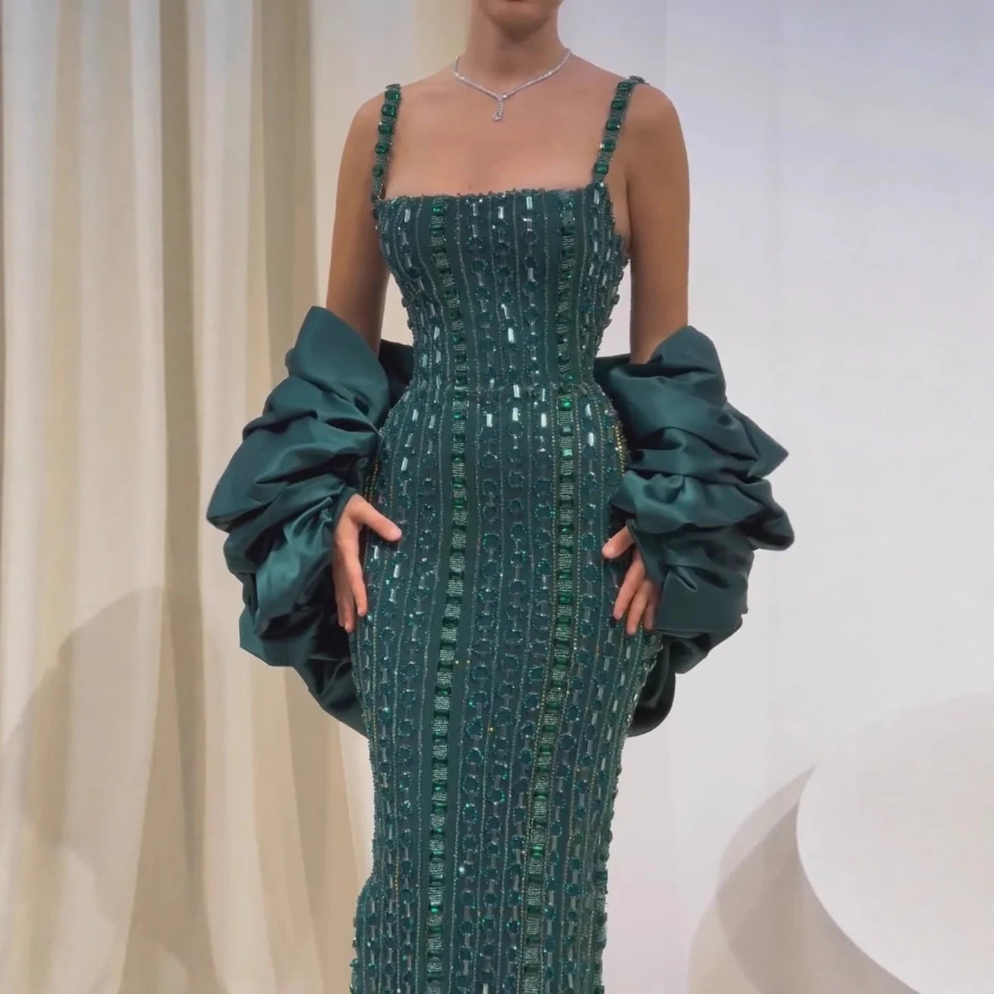 Luxury Kosovo Green Square Beaded Evening Dress with Cape LA73355