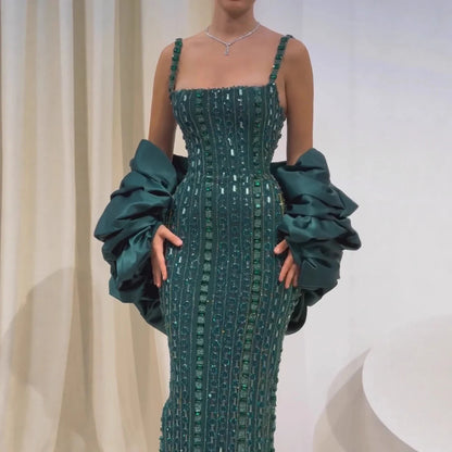 Luxury Kosovo Green Square Beaded Evening Dress with Cape LA73355