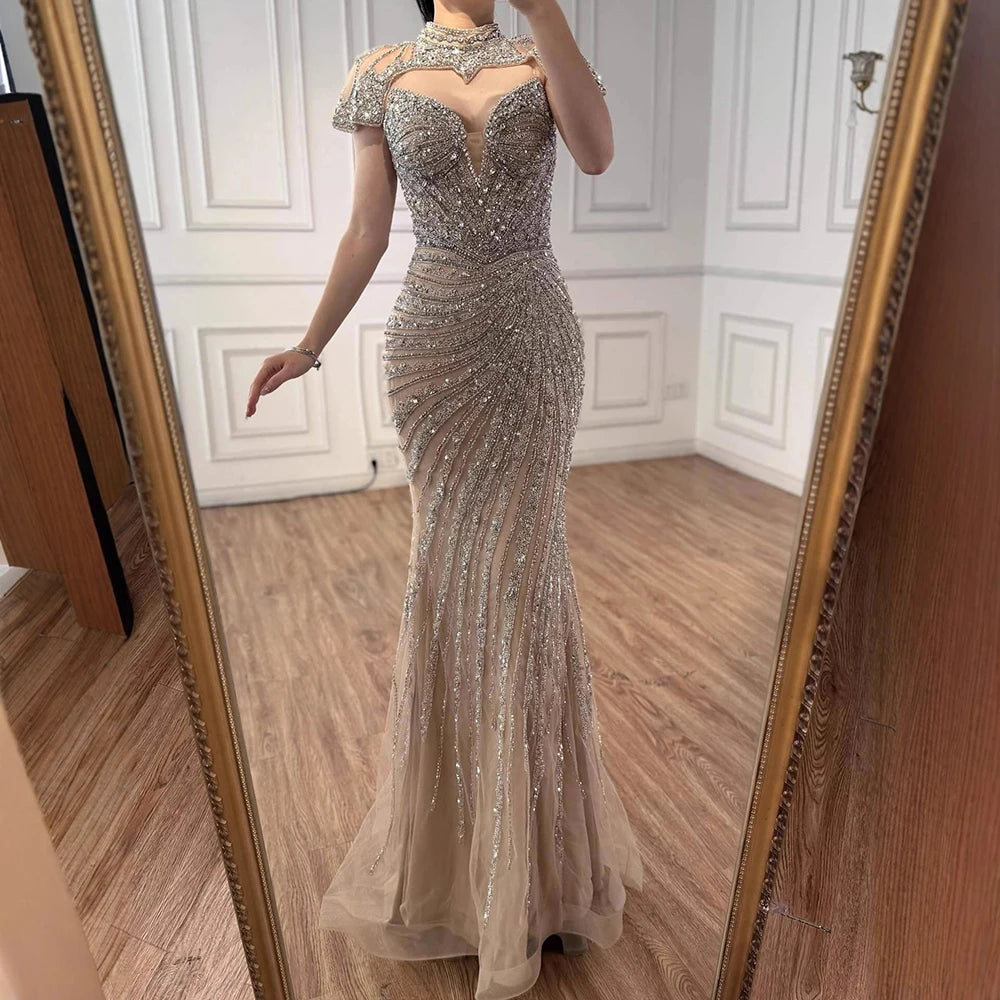 Nude Mermaid Evening Dress with Detachable Beaded High Neck LA73087