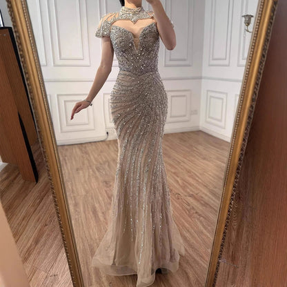 Nude Mermaid Evening Dress with Detachable Beaded High Neck LA73087