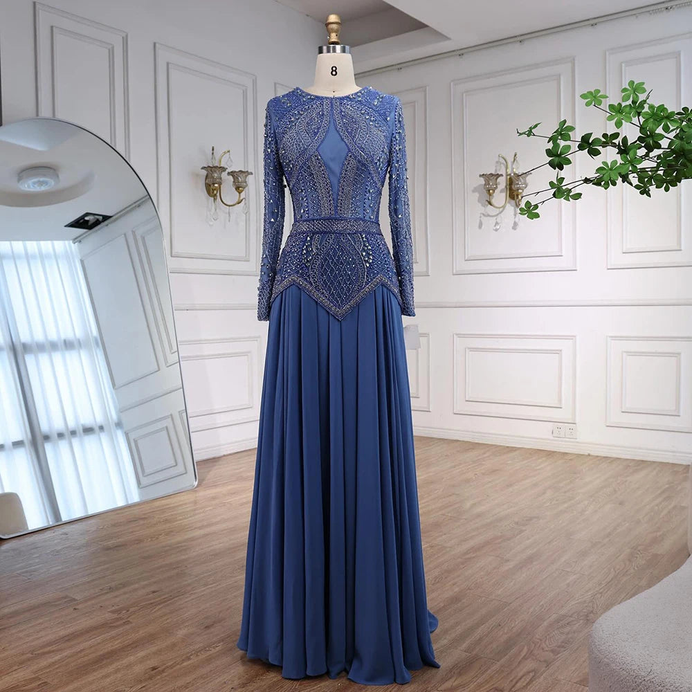 Luxury Designer  Blue Beaded Evening Dress with Long Sleeves LA72962