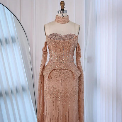 Luxury Gray Beaded Off-Shoulder Evening Dress with Cape Sleeves LA73076