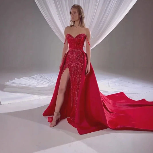 Luxury Red Beaded High Slit Evening Gown with Overskirt LA72936