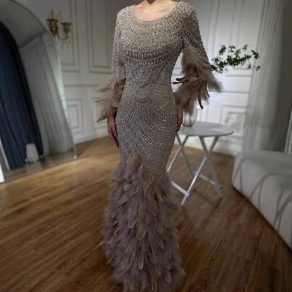 Luxury Dubai  Nude Saudi Arabic Evening Gown with Beaded Feathers Dress for Formal Occasion LA72736