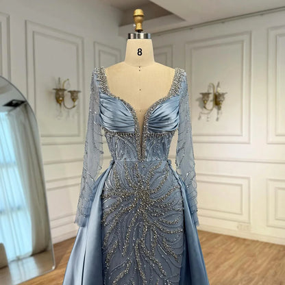 Luxury  Muslin Blue hijab Evening Dress With Long Sleeves LA72963