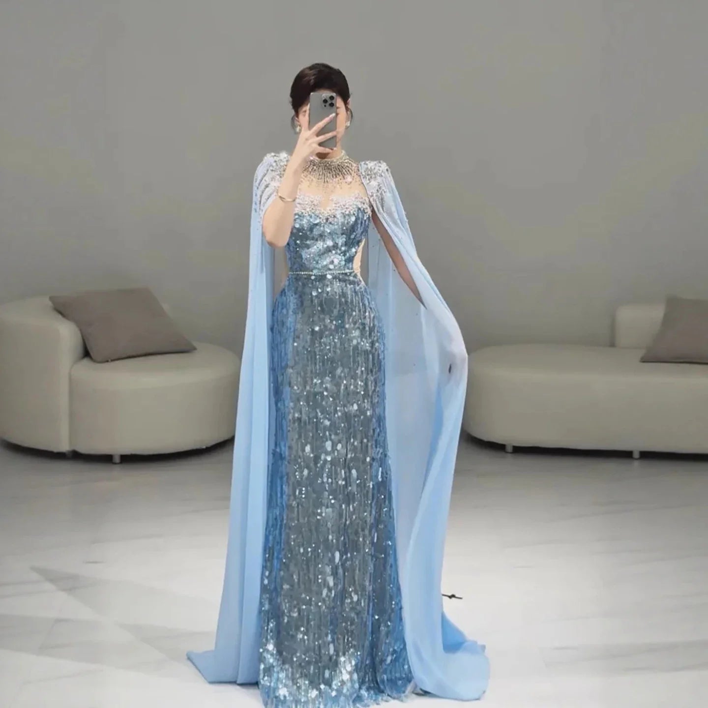 Luxury Dubai Blue Mermaid Evening Dress with Cape LA73419