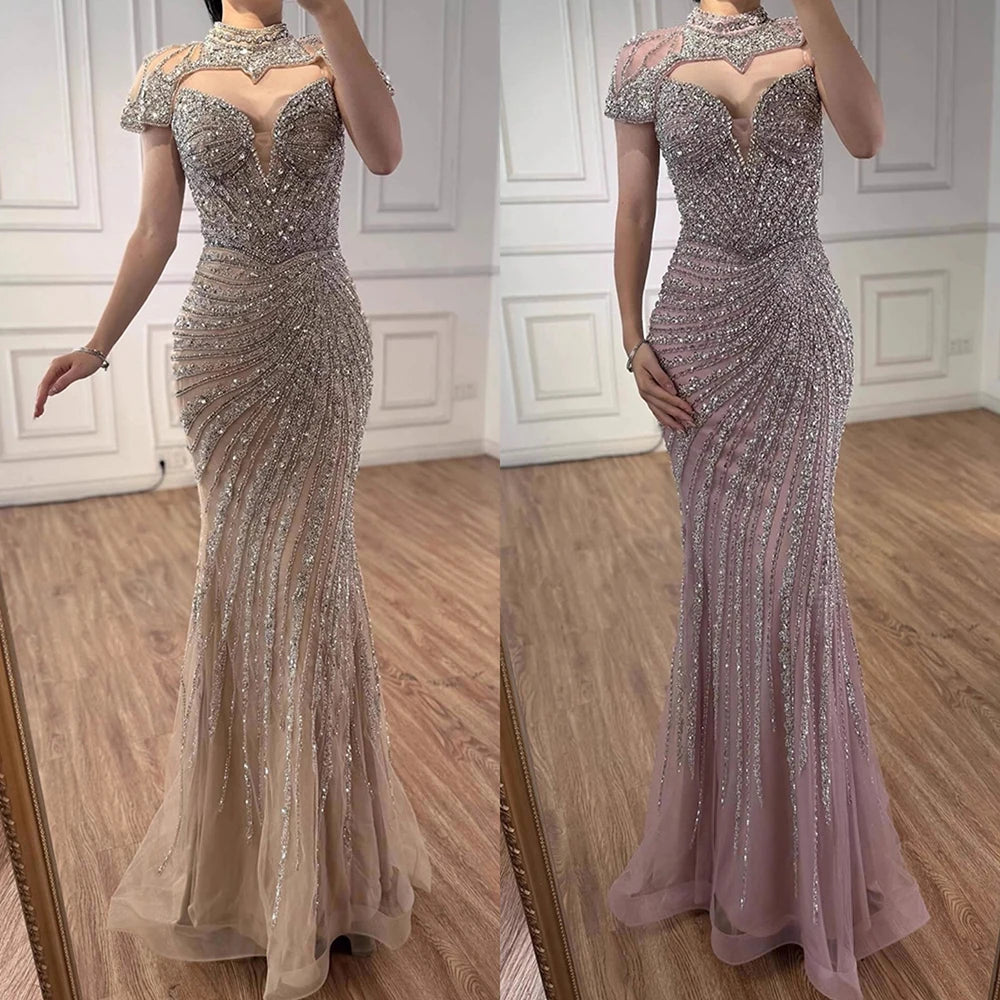 Nude Mermaid Evening Dress with Detachable Beaded High Neck LA73087