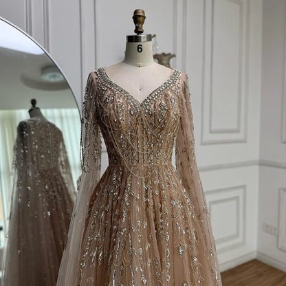 Luxury Nude Beaded Evening Dress with Cape Sleeves for Formal Occasion LA72764A