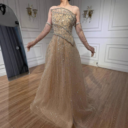 Luxury Nude Crystal Beaded A-Line Evening Dress with Split LA72949