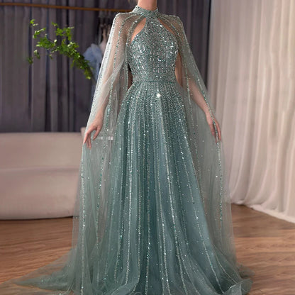 Luxury Turquoise A-Line Cape Sleeve Beaded Evening Dress Plus Size LA72306A
