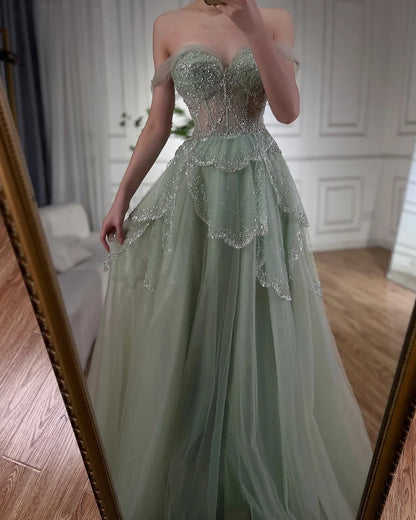 Luxury Sage Green Beaded A-Line Off-Shoulder Evening Dress LA72605