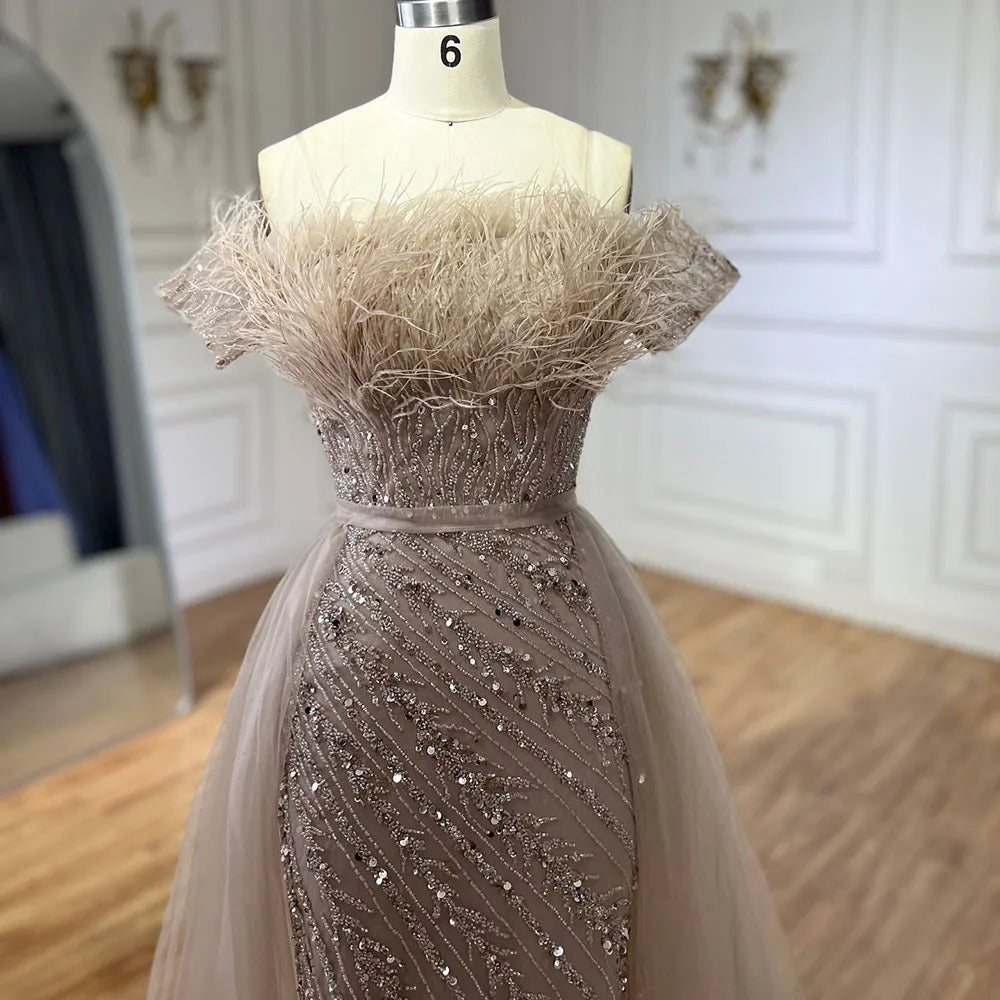 Luxury Dubai  Saudi Arabic Beaded Caramel Mermaid Elegant Evening Dresses Gowns with Overskirt for Formal Occasion LA71634A