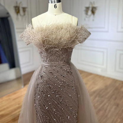 Luxury Dubai  Saudi Arabic Beaded Caramel Mermaid Elegant Evening Dresses Gowns with Overskirt for Formal Occasion LA71634A