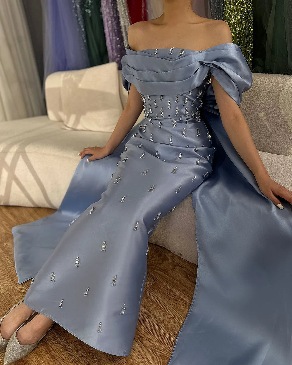 Serene Hill 2025 Arabic Blue Beaded Crystal Ankle-Length Mermaid Satin Evening Dresses Gowns for Women Wedding Party LA72414A