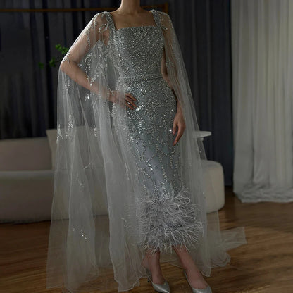 Dubai Luxury Feathers Lilac Evening Dress with Cape Sleeves LA71841