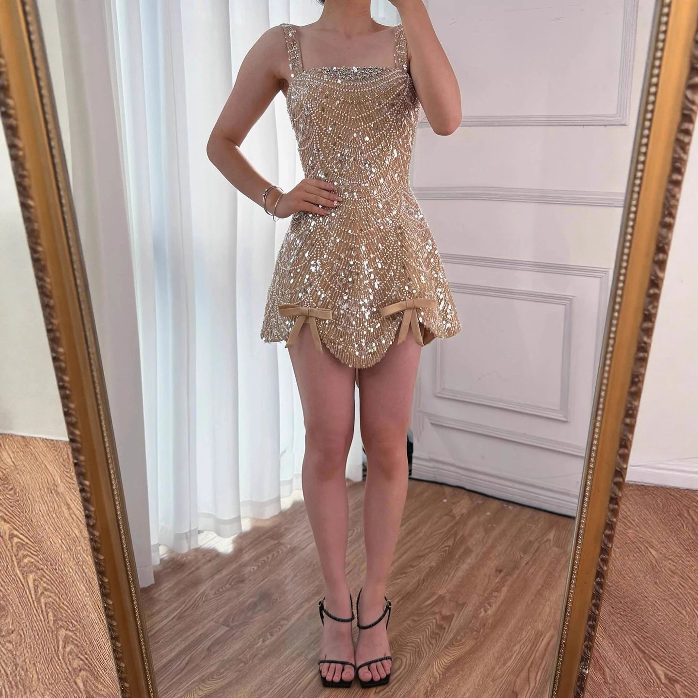 Luxury Nude Pearl Beaded A-Line Mini Evening Dress LA73211