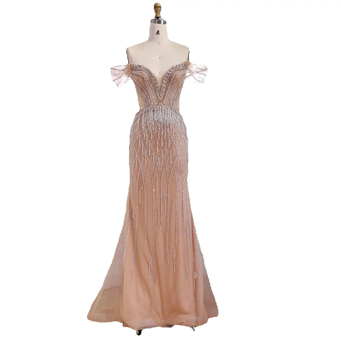Luxury Nude Off Shoulder Beaded Tassel Evening Dress LA72854A