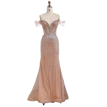 Luxury Nude Off Shoulder Beaded Tassel Evening Dress LA72854A