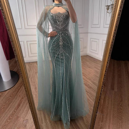 Luxury Dubai Nude Mermaid Evening Dress with Cape Sleeves LA73195