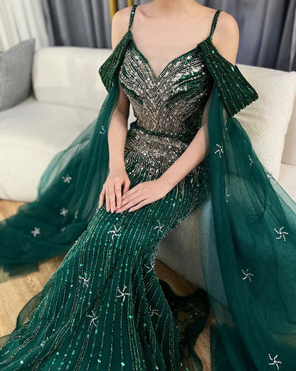 Serene Hill  Spaghetti Strap Blue Mermaid Beaded Luxury Evening Dress with Cape Sleeves for Formal Occasion Saudi LA72707