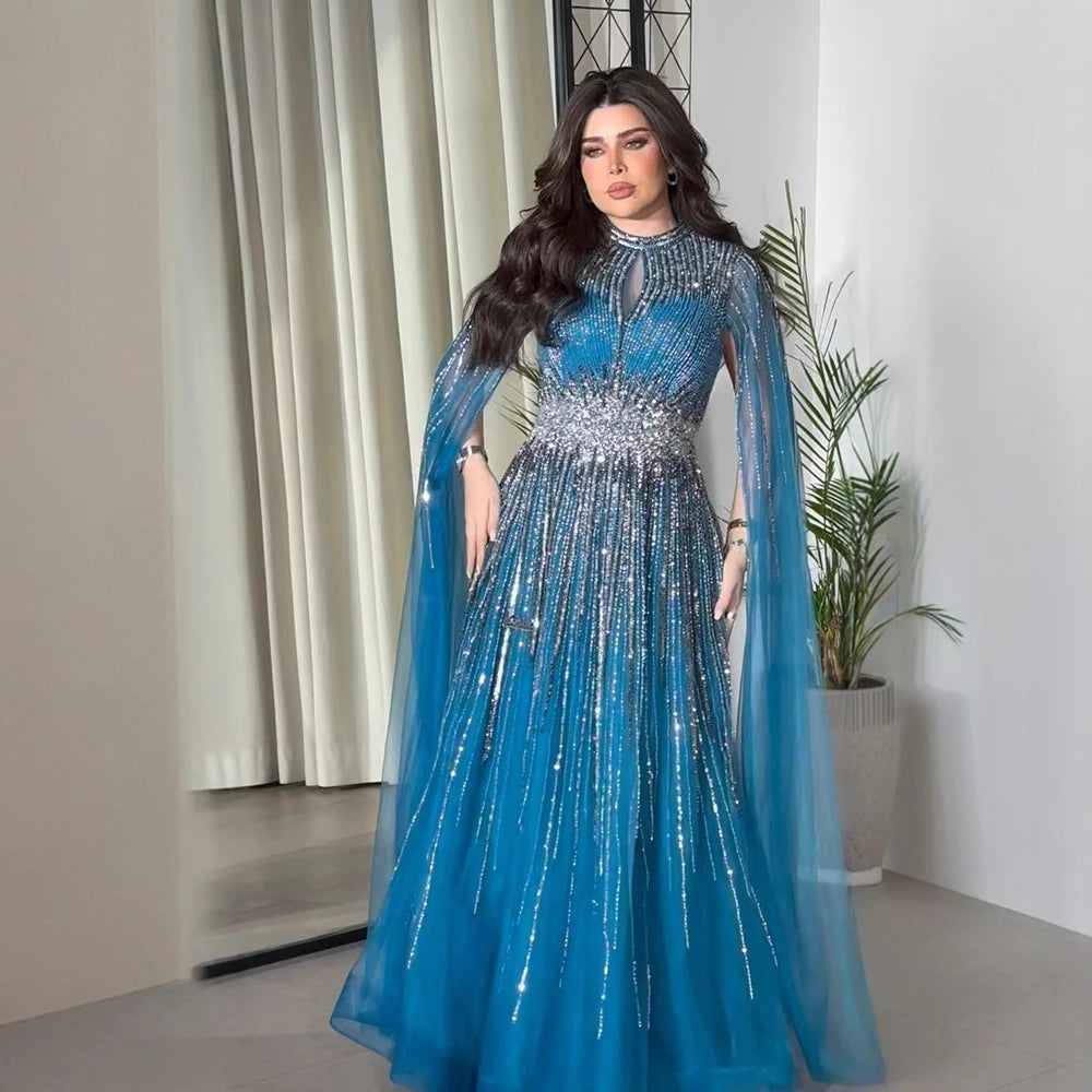 Luxury Modest Blue Beaded Evening Dress with Cape LA73059