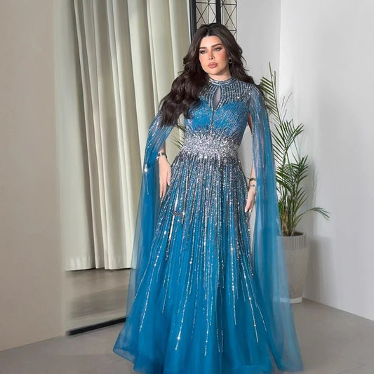 Luxury Modest Blue Beaded Evening Dress with Cape LA73059