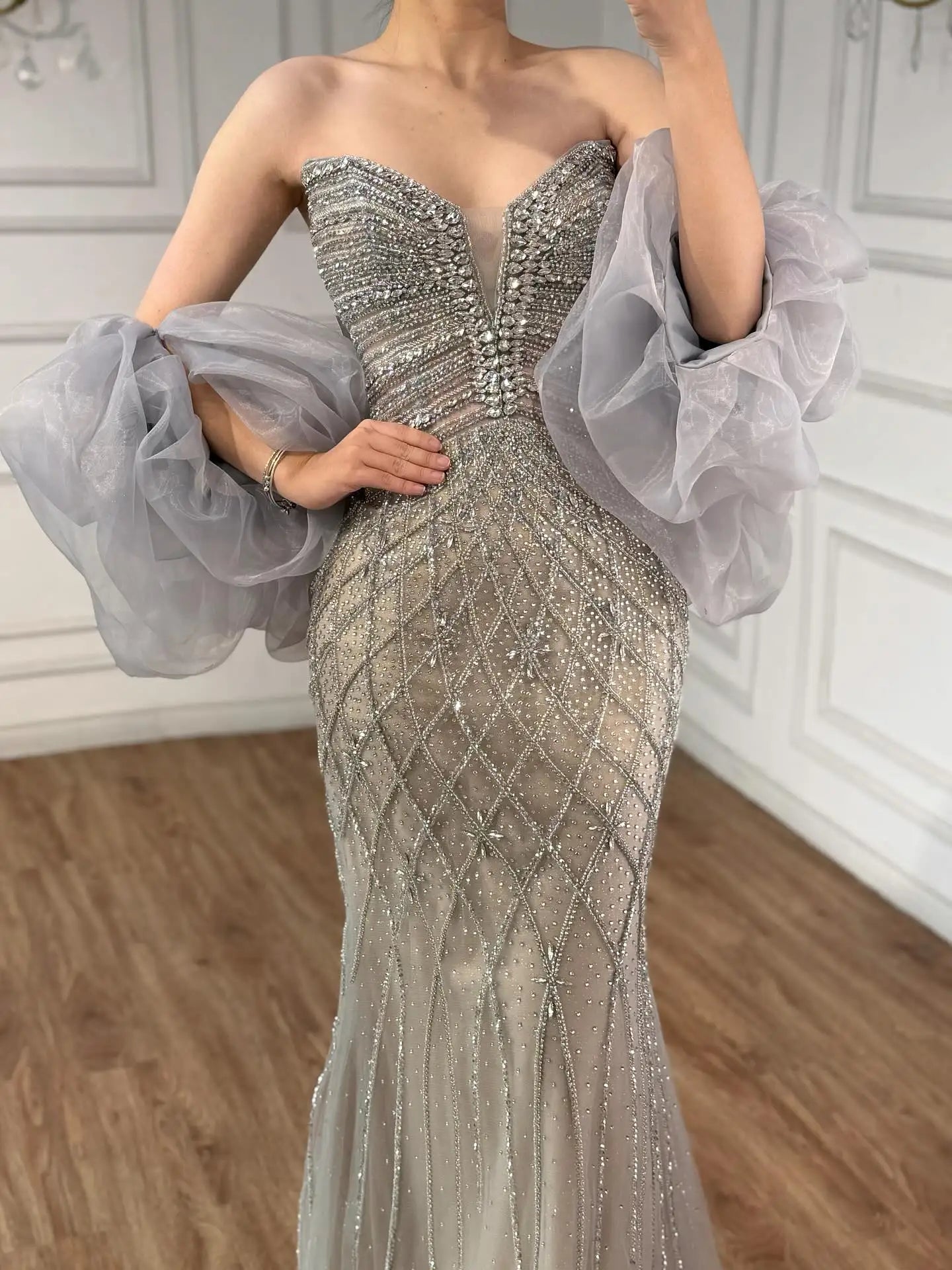 Serene Hill Beaded Gray Diamond Evening Dress With Cape LA73411