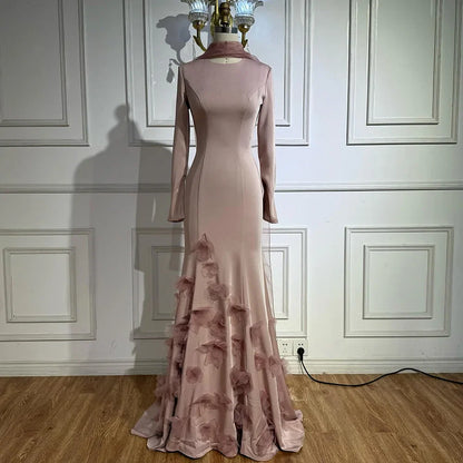 Luxury Pink 3D Flower Evening Dress  Long Sleeves LA72954