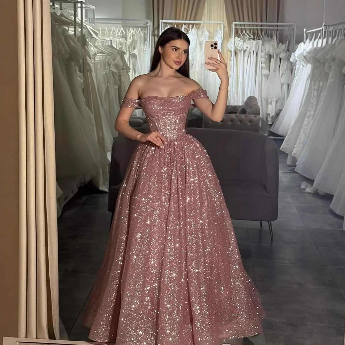 Luxury Pink Sequin Off Shoulder Evening Dress Ball Gown LA73456