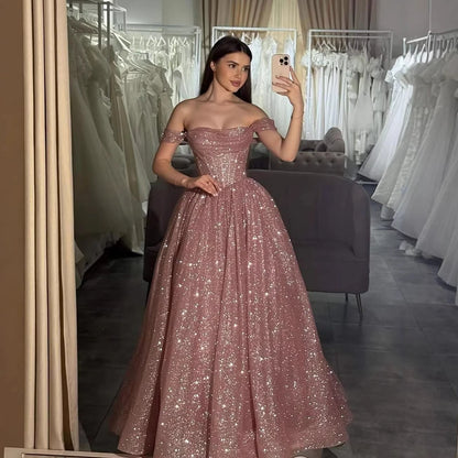 Luxury Pink Sequin Off Shoulder Evening Dress Ball Gown LA73456